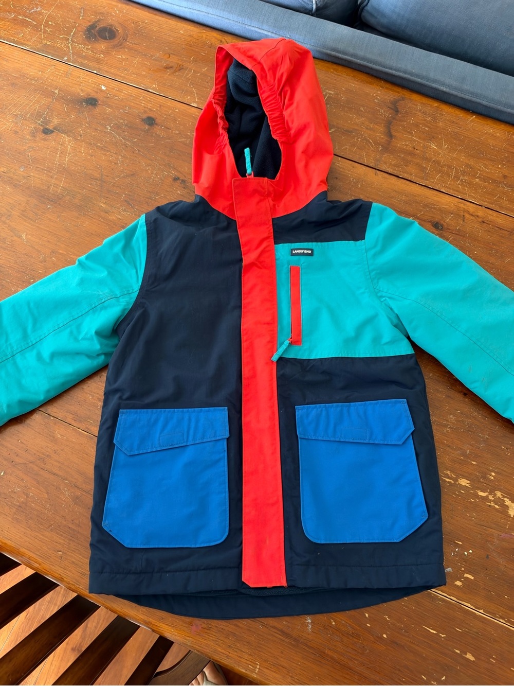 Kids Lands End Colorblock Waterproof Hooded Jacket - Red, Teal & Blue